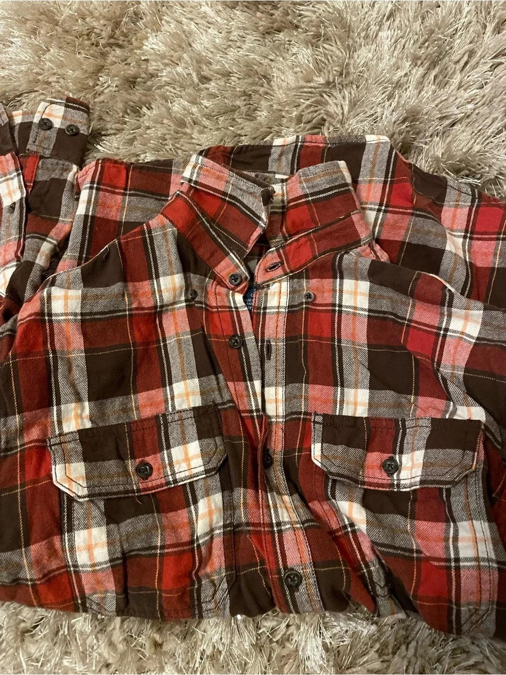 Faded Glory Red Orange and Brown Plaid Button-Down Shirt - Picture 4 of 5